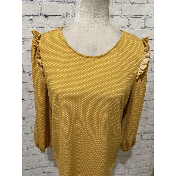 Adrianna Papell Long Sleeve Ruffle Shoulder Polka Dot Top Blouse Size Medium - Picture 2 of 8